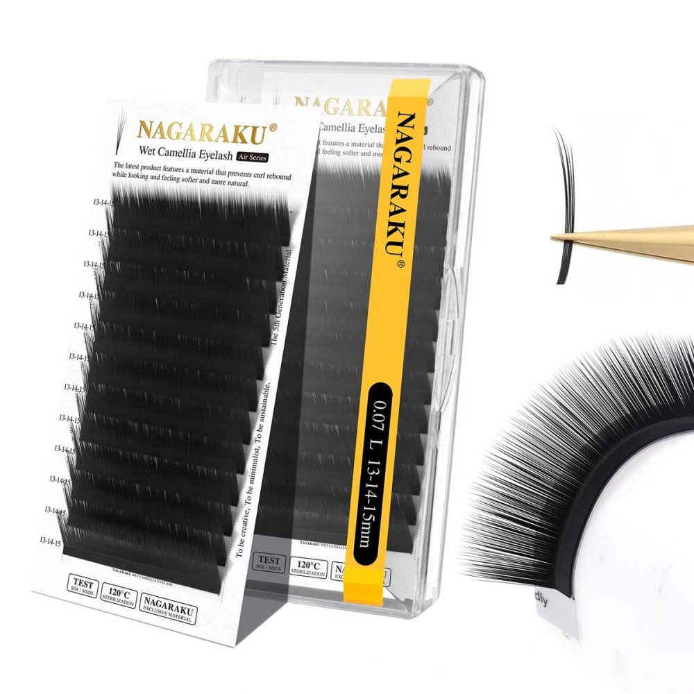 NAGARAKU Wet Camellia Eyelash Extension, Individual Lashes 3 Multi-length Fans Premium Matte Black Natural Pre-Glued Classic Lash Extensions Mega Volume Beauty Salon Supplies - 0.07L 13-14-15