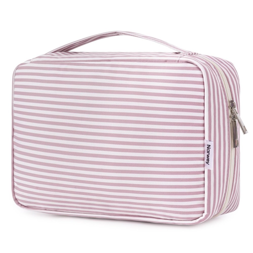 Narwey Small Hanging Travel Toiletry Bag for Women, Travel Bag for Toiletries, Makeup Bag Organizer Cosmetic Bags Make Up Bags for Girls (Dusty Pink Stripe)