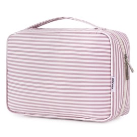 Narwey Small Hanging Travel Toiletry Bag for Women, Travel Bag for Toiletries, Makeup Bag Organizer Cosmetic Bags Make Up Bags for Girls (Dusty Pink Stripe)