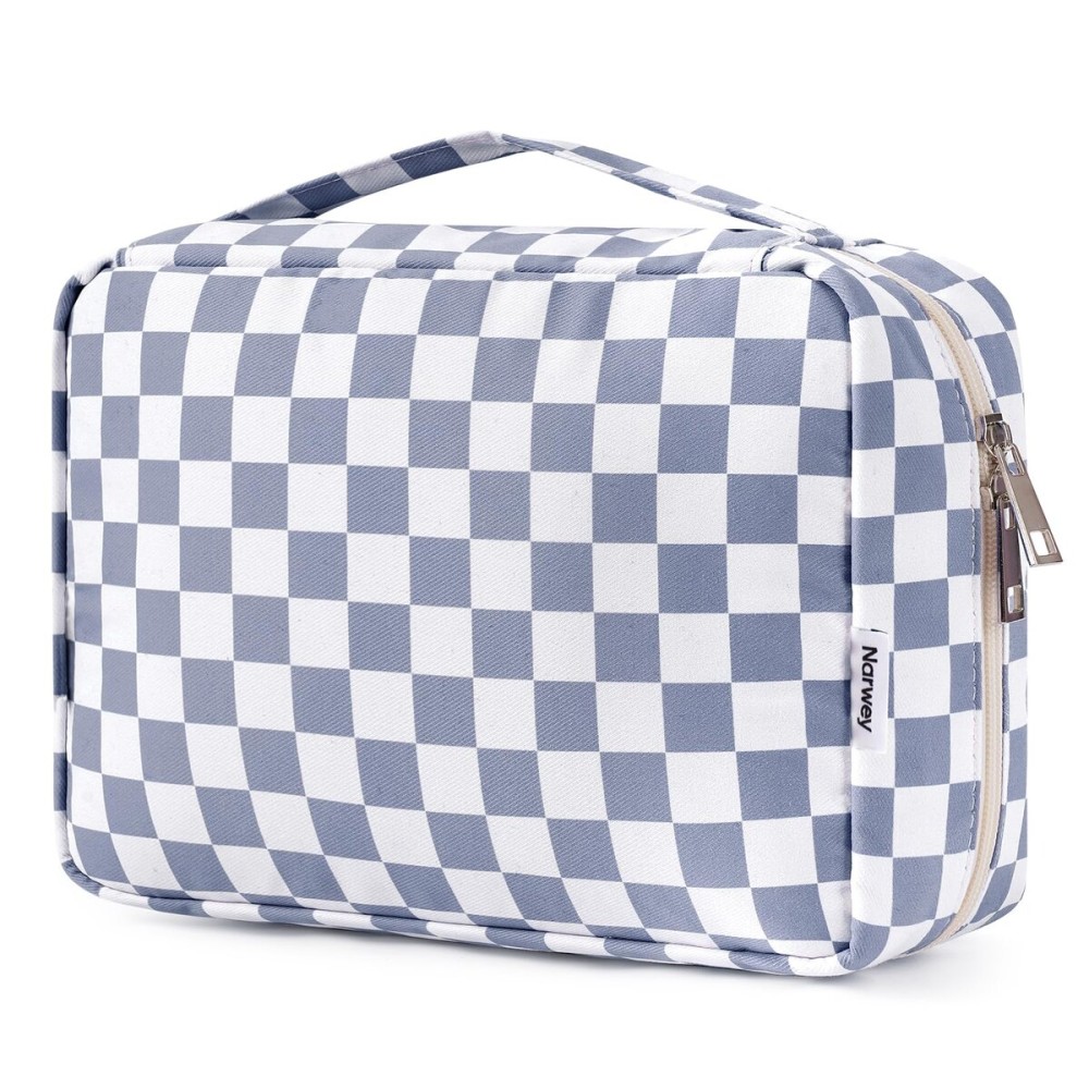 Narwey Small Hanging Travel Toiletry Bag for Women, Travel Bag for Toiletries, Checkered Makeup Bag Organizer Cosmetic Bags Make Up Bags for Girls (Grayish Blue Checkerboard)
