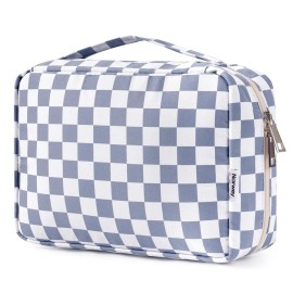 Narwey Small Hanging Travel Toiletry Bag for Women, Travel Bag for Toiletries, Checkered Makeup Bag Organizer Cosmetic Bags Make Up Bags for Girls (Grayish Blue Checkerboard)