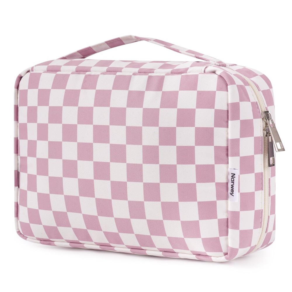 Narwey Small Hanging Travel Toiletry Bag for Women, Travel Bag for Toiletries, Checkered Makeup Bag Organizer Cosmetic Bags Make Up Bags for Girls (Dusty Pink Checkerboard)