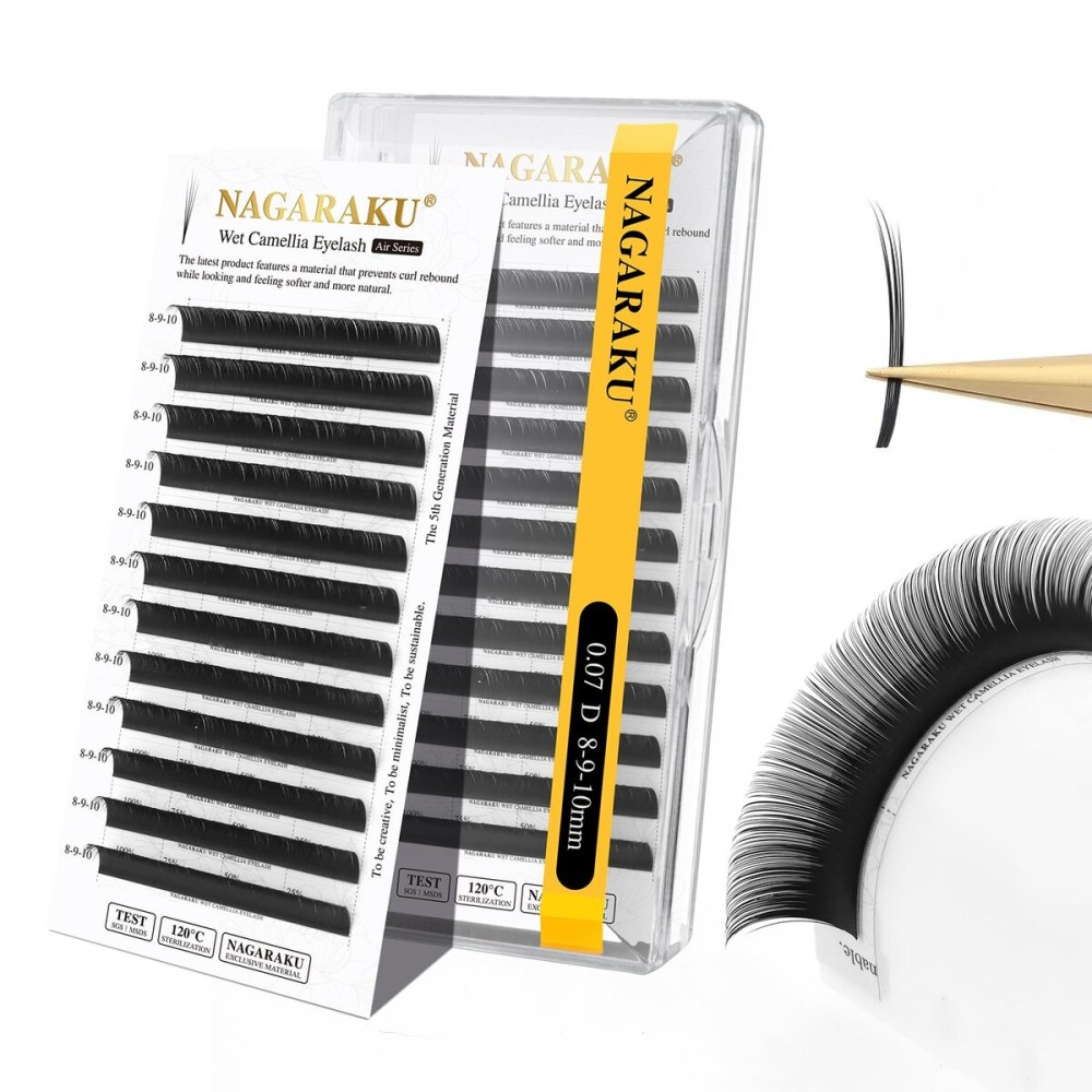 NAGARAKU Wet Camellia Eyelash Extension, Individual Lashes 3 Multi-length Fans Premium Matte Black Natural Pre-Glued Classic Lash Extensions Mega Volume Beauty Salon Supplies - 0.07D 8-9-10