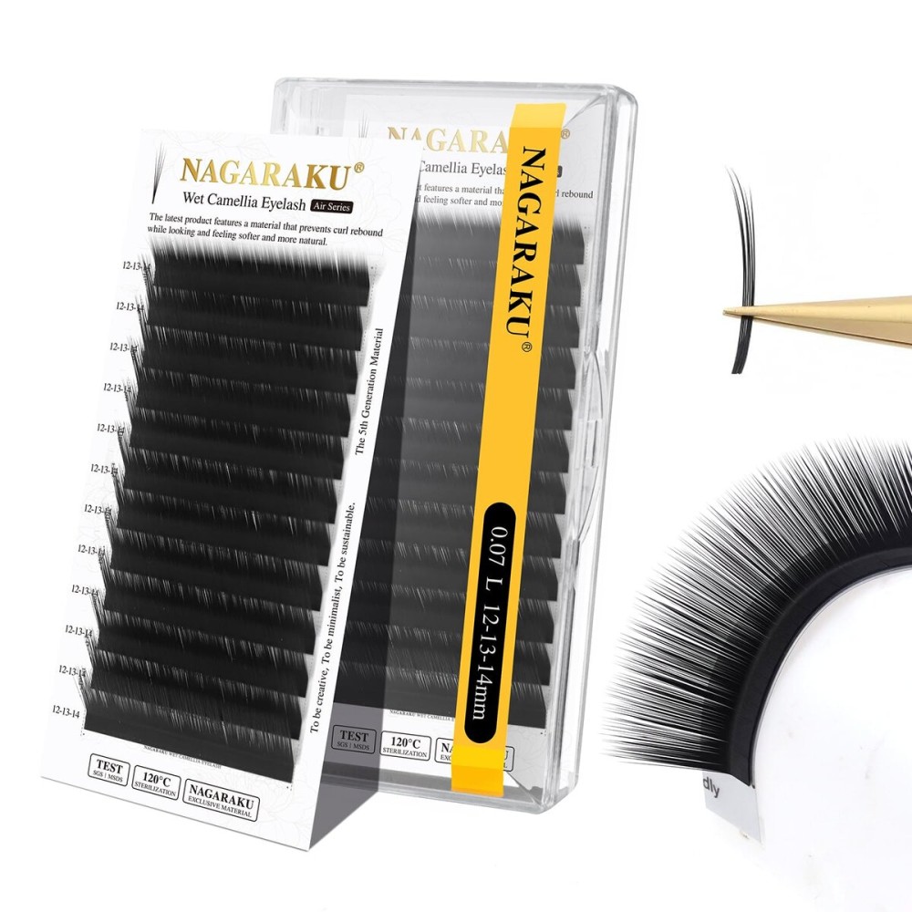 NAGARAKU Wet Camellia Eyelash Extension, Individual Lashes 3 Multi-length Fans Premium Matte Black Natural Pre-Glued Classic Lash Extensions Mega Volume Beauty Salon Supplies - 0.07L 12-13-14