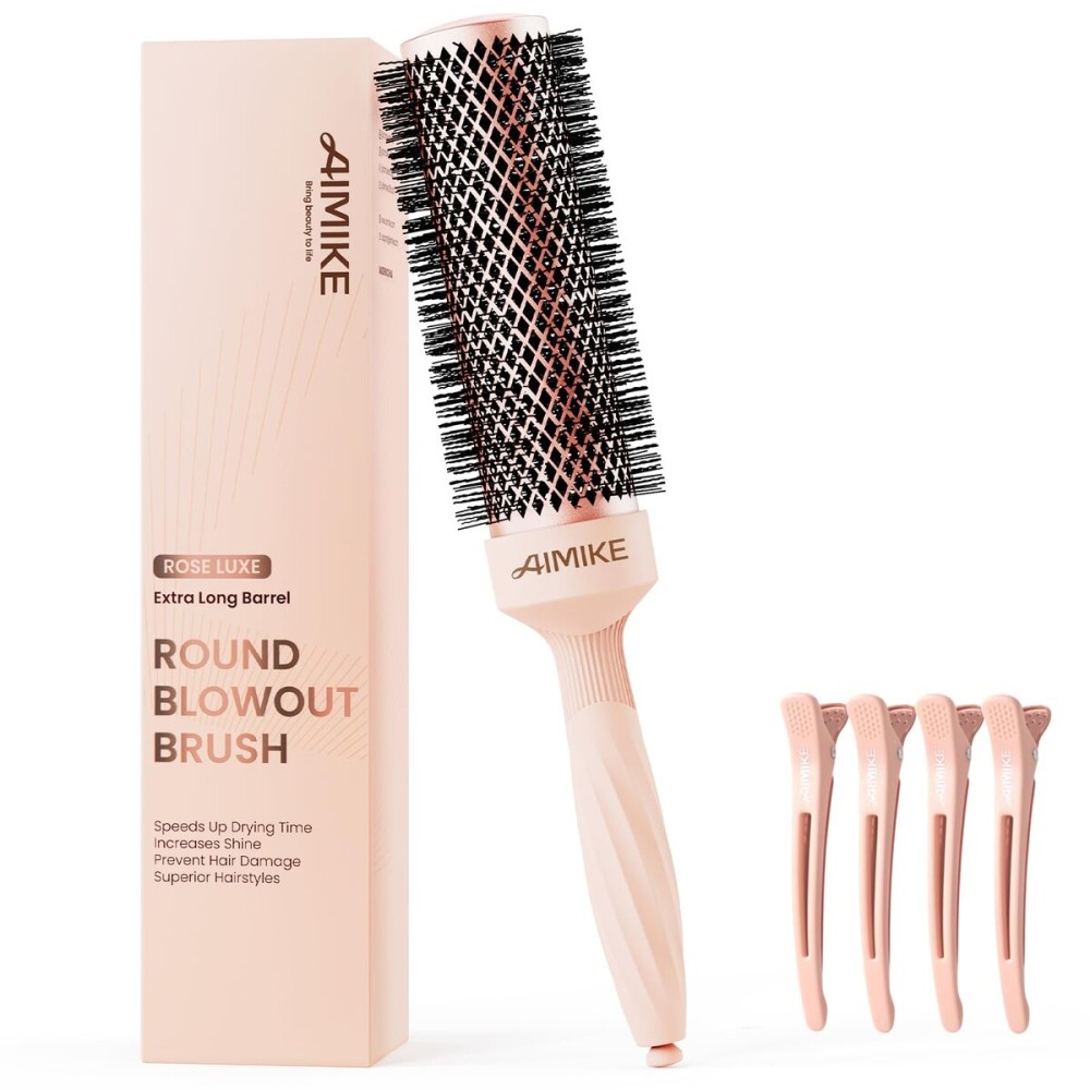 AIMIKE Round Brush for Blow out, Rose Luxe Extra-Long Round Hair Brush Ionic & Nano Thermal Ceramic Tech, for Blow Drying & Styling Volumizing Thick Long Hair, with 4 Clips (Barrel 1.7, Bristle 2.5)