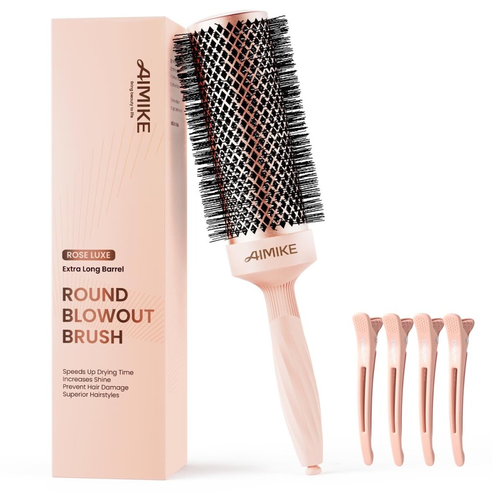 AIMIKE Round Brush for Blow out, Rose Luxe Extra-Long Round Hair Brush Ionic & Nano Thermal Ceramic Tech, for Blow Drying & Styling Volumizing Thick Long Hair, with 4 Clips (Barrel 2.1, Bristle 3)