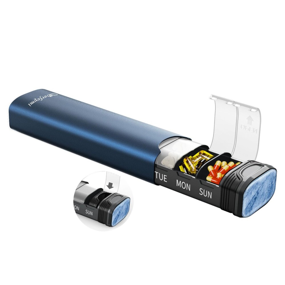 Metal Weekly Pill Organizer, Serfeymi Aluminum Daily Pill Box(Spare Gasket Provided),7 Day Pill Case Travel Medicine Organizer,Pill Containers with Individual Lid for Vitamins,Pills, Supplement-Blue