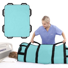 ZHEEYI Multipurpose 48 x 40 Positioning Bed Pad with Reinforced Handles - Reusable & Washable Transfer Sheet for Turning, Lifting & Repositioning - Double-Sided Nylon Fabric, Aqua Blue