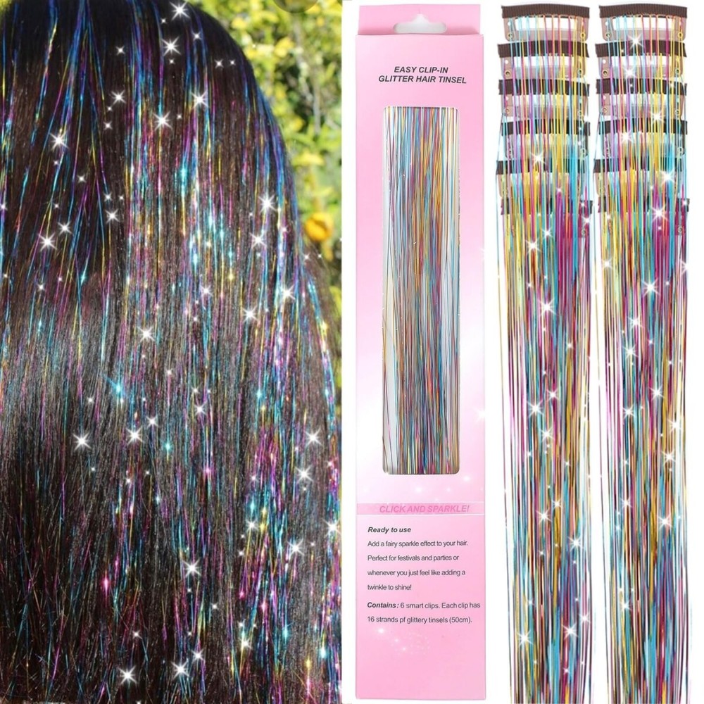 Clip in Hair Tinsel 12 Pcs Hair Tinsel Kit for Girls 22 Inch Glitter Fairy Hair Extensions Colorful Heat Resistant Party Festival Accessories for Women Kids(3- Colors)
