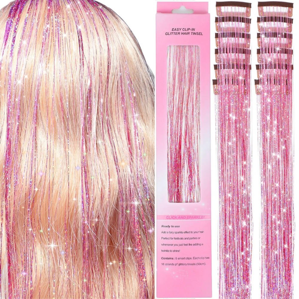 Clip in Hair Tinsel 12 Pcs Hair Tinsel Kit for Girls 22 Inch Glitter Colorful Heat Resistant Party Festival Hair Accessories for Women Kids(Pink)