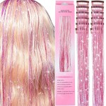 Clip in Hair Tinsel 12 Pcs Hair Tinsel Kit for Girls 22 Inch Glitter Colorful Heat Resistant Party Festival Hair Accessories for Women Kids(Pink)