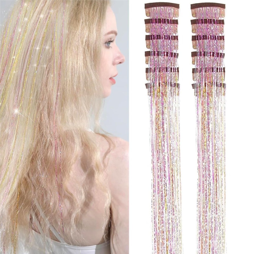 Clip in Hair Tinsel 12 Pcs Hair Tinsel Kit for Girls 22 Inch Glitter Colorful Heat Resistant Party Festival Hair Accessories for Women Kids(Gold-silver-pink)