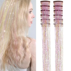 Clip in Hair Tinsel 12 Pcs Hair Tinsel Kit for Girls 22 Inch Glitter Colorful Heat Resistant Party Festival Hair Accessories for Women Kids(Gold-silver-pink)