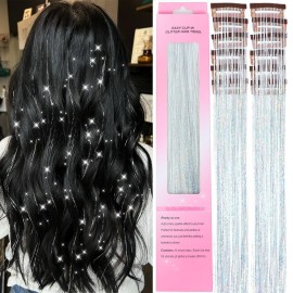 Clip in Hair Tinsel 12 Pcs Hair Tinsel Kit for Girls 22 Inch Glitter Colorful Heat Resistant Party Festival Hair Accessories for Women Kids(Silver)