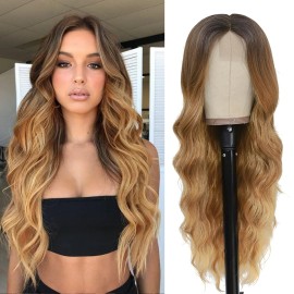 NAYOO Long Honey Blonde Wavy Wig for Women 26 Inch Middle Part Curly Wavy Wig Natural Looking Synthetic Heat Resistant Fiber for Daily Party Use