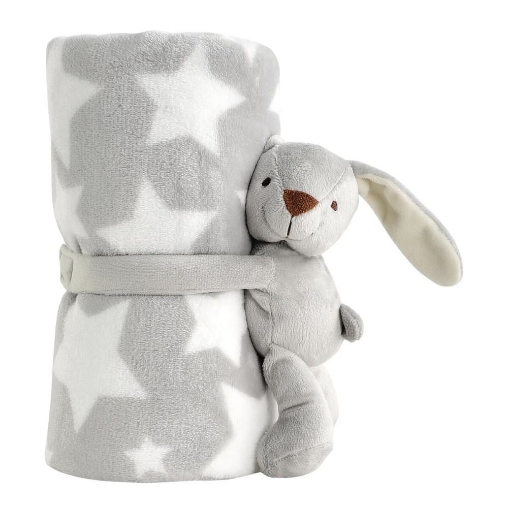 CREVENT 30X40 Cozy Soft Warm Fleece Baby Blanket for Girls Boys, Newborn Essentials for Infant, Baby Shower Receiving Gift - Star Grey 75X100cm + Hugging Bunny