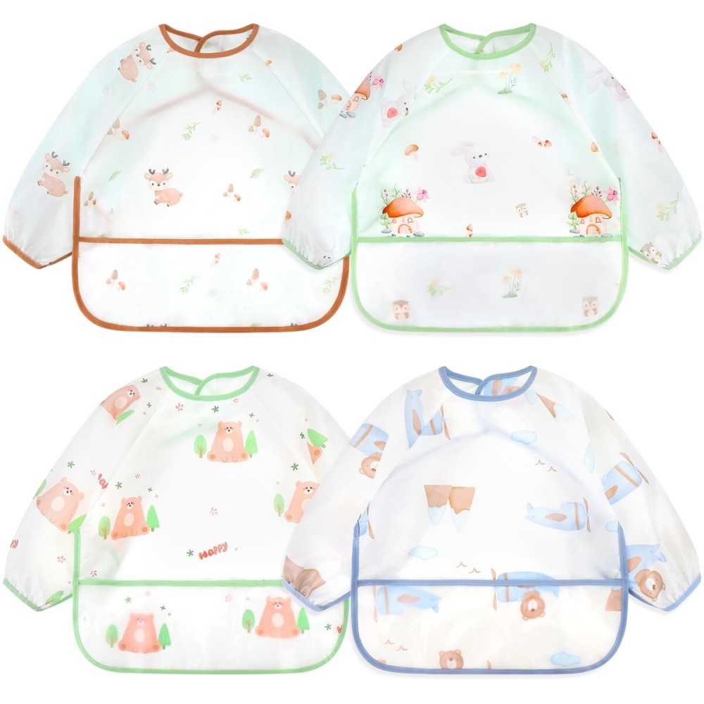 Accmor 4 Pack Long Sleeve Bibs, Baby Smock Waterproof Sleeved Bib Smock for Baby Toddler 24-36 Months