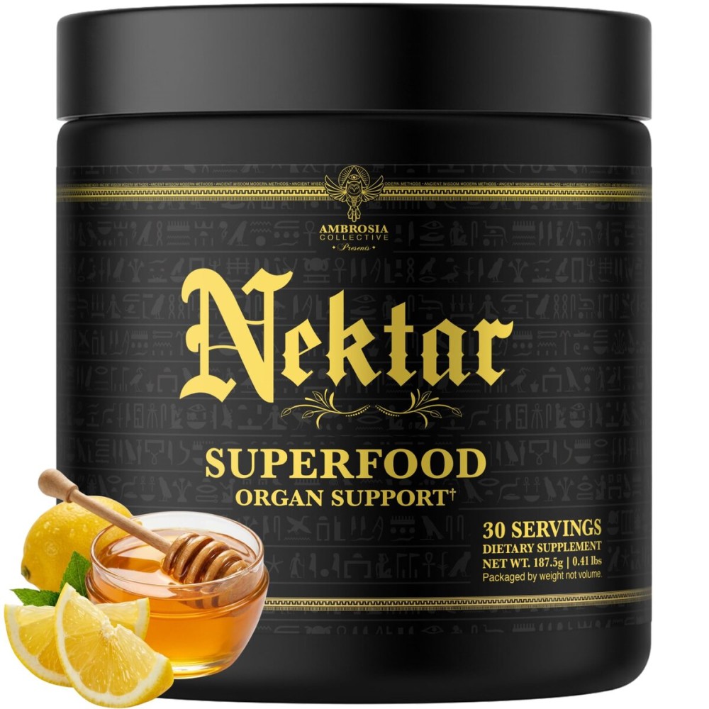 Ambrosia Nektar - Superfood Powder | Daily Organ Support Supplement | Greens Powder Alternative | 13 Superfoods for Energy, Digestion, Skin Health & Immune Support | 30 Servings | Honey Lemon