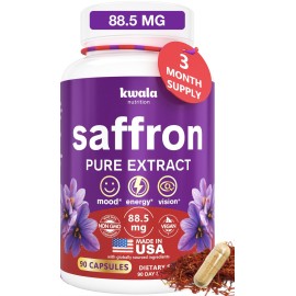 Kwala Nutrition Saffron Supplements for Mood, Energy & Focus - 100% Pure Saffron Extract - 88.5mg - 3 Month Supply - Made in USA - 90 Capsules