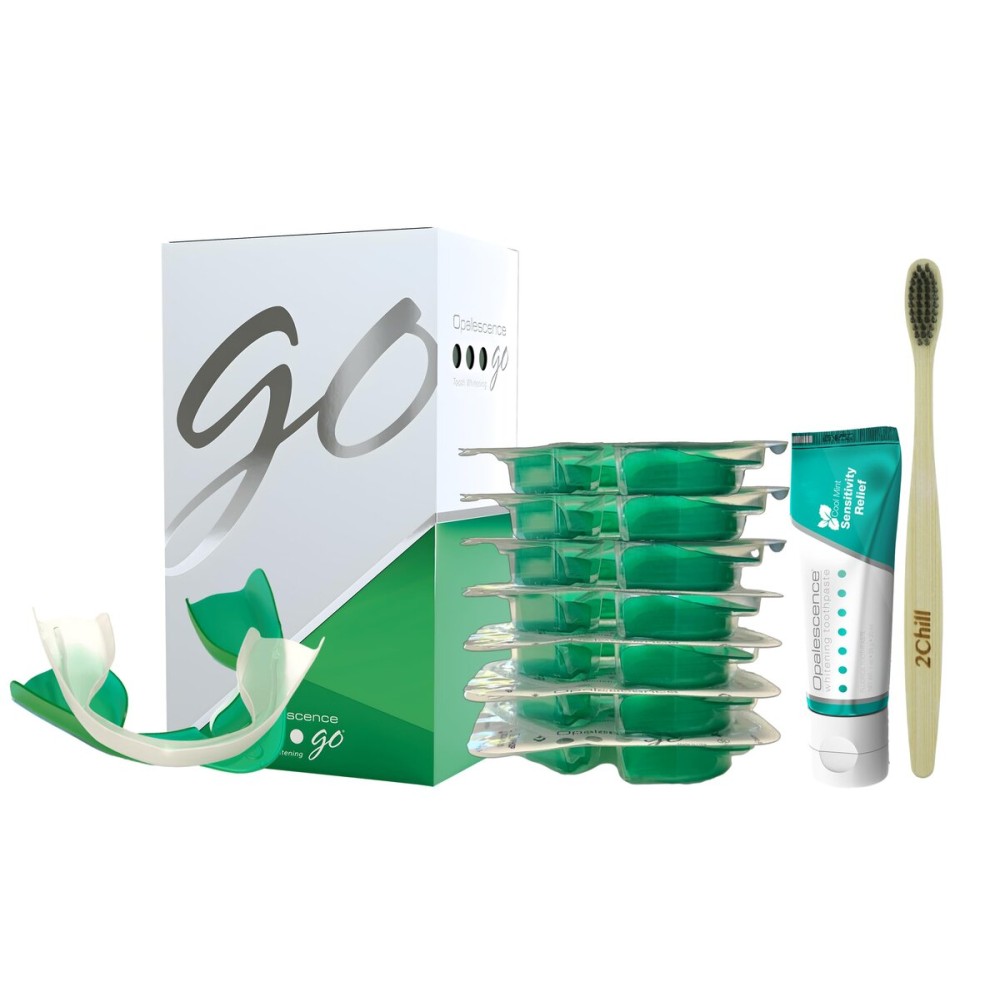 Opalescence GO 15 Whitening Bundle - (7 Treatments) Hydrogen Peroxide Prefilled Teeth Whitening Trays and Travel Sensitive Whitening Toothpaste 1 Oz - Mint Flavor- Includes a Toothbrush - 6288-1T