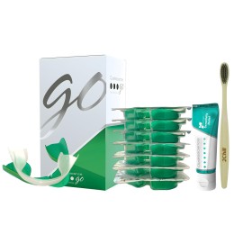 Opalescence GO 15 Whitening Bundle - (7 Treatments) Hydrogen Peroxide Prefilled Teeth Whitening Trays and Travel Sensitive Whitening Toothpaste 1 Oz - Mint Flavor- Includes a Toothbrush - 6288-1T