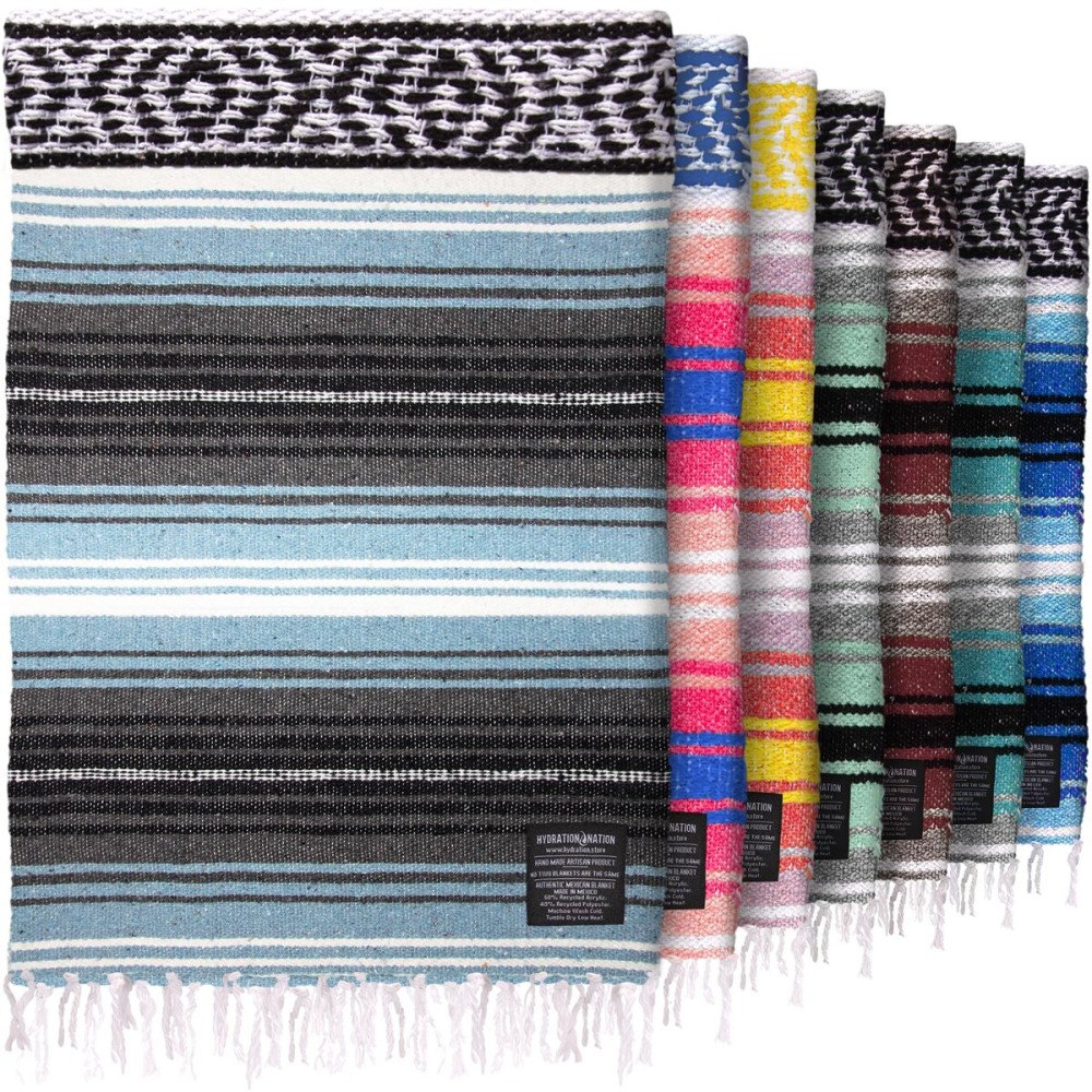 Hydration Nation Authentic Large Handwoven Mexican Blanket - Soft Yoga- Durable Serape- Lightweight Falsa, Beach, Camping, Picnic, Outdoor Blanket 70x50 - Aqua Sky