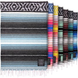Hydration Nation Authentic Large Handwoven Mexican Blanket - Soft Yoga- Durable Serape- Lightweight Falsa, Beach, Camping, Picnic, Outdoor Blanket 70x50 - Aqua Sky