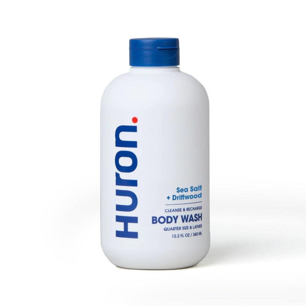 Huron Mens Body Wash - Moisturizing Cleanser with Vitamin E, Coconut Oil & Witch Hazel | Sea Salt Scent | Deodorizes & Helps Reduce Skin Irritation | Vegan, Sulfate-Free, Cruelty-Free - 12.2 fl oz