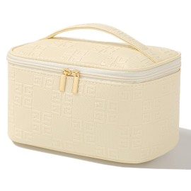 Meiyuuo Makeup Bag Large Cosmetic Bags for Women Girls Cute Travel Zipper Pouch Toiletry Organizer for Beauty Essentials Waterproof (Light Beige)