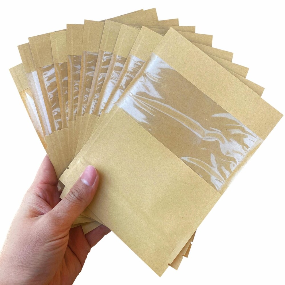 100 Pack Clear Window Airtight Brown Kraft Paper for Food Storage Lock Small Papar Bagse Seal Zipper Packets Bags Pouch Coffee Packaging Sample for Small Business 5.11x7.08 inch