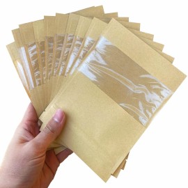 100 Pack Clear Window Airtight Brown Kraft Paper for Food Storage Lock Small Papar Bagse Seal Zipper Packets Bags Pouch Coffee Packaging Sample for Small Business 5.11x7.08 inch