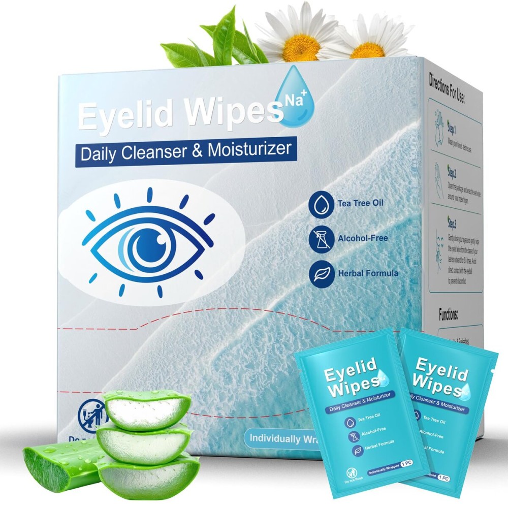 60PCS Eyelid Cleansing Wipes for Itchy & Dry Eyes, Saline Based Eye Wet Wipes with Tea Tree Oil, Daily Eye Wipes for Styes & Blepharitis, Moisture & Soothes Cleansing Cloths For Sensitive Eyes