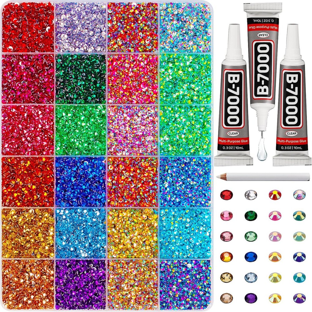 31000Pcs Rhinestones for Bedazzling, 3mm Bedazzler Kit with Flatback Rhinestones for Clothes Crafting Crafts Nails Clothing, Flat Back Resin Rainbow Colorful Colored Crystal with B 7000 Glue Clear