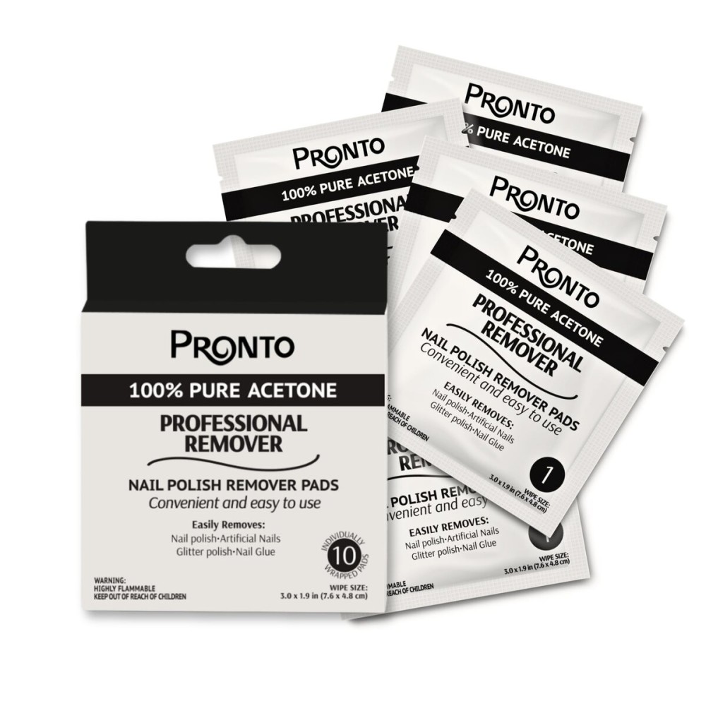 Pronto Nail Polish Remover Pads, 10 Pcs. Individually Wrapped Acetone Wipes, Pure Acetone Wipes Remover For Salon & Home - Quick Polish Nail Soak Pads