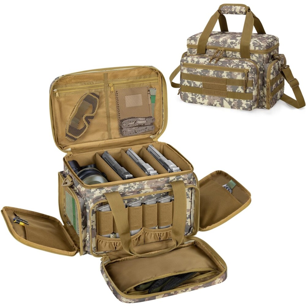 DSLEAF Tactical Gun Range Bag for 4 Handguns, Pistol Shooting Range Bag with 6X Magazine Slots and Extra Pockets for Ammo and Essentials