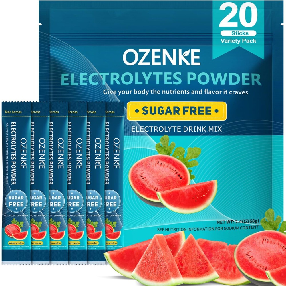 OZENKE Electrolytes Powder Packets, Hydration Packets, Electrolytes Sugar Free, Portable Electrolyte Drink Mix for Rapid Hydration, No Sugar & Low Sodium | 0 Calorie | Watermelon Flavor | 20 Sticks