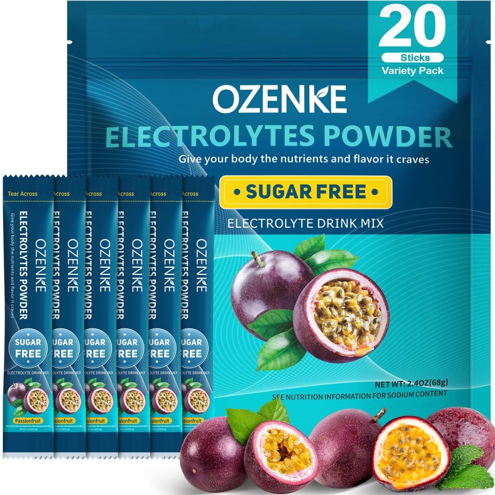OZENKE Electrolytes Powder Packets, Hydration Packets, Electrolytes Sugar Free, Portable Electrolyte Drink Mix for Rapid Hydration, No Sugar & Low Sodium | 0 Calorie | Passion Fruit Flavor | 20 Sticks