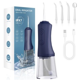 Water Dental Flosser - Portable Cordless Oral Irrigator 300ML, Rechargeable IPX7 Waterproof Irrigation Cleaner for Teeth Cleaning & Flossing, Travel & Home Use (mid Night Blue)