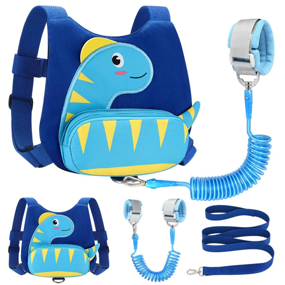 Accmor Toddler Harness with Leash, Cute Dinosaur Kids Harness + Anti Lost Wrist Link, Mini Child Harness Leash Wristband Strap Belt Protector for Baby Boys Girls to Outdoor Travel (Blue)