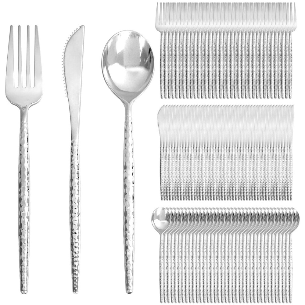 Supernal 360Pcs Silver Plastic Silverware,Disposable Silverware Heavy Duty,Hammered Disposable Cutlery,Plastic Utensils Set Include 120 Knives,120 Forks and 120 Spoons for Wedding,Party&Halloween