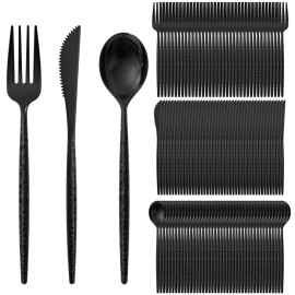 Supernal 360Pcs Black Plastic Silverware Heavy Duty Disposable Cutlery with Hammered Design,Black Utensils Set Include 120 Knives,120 Forks and 120 Spoons Suitable for Party,Anniversary&Halloween