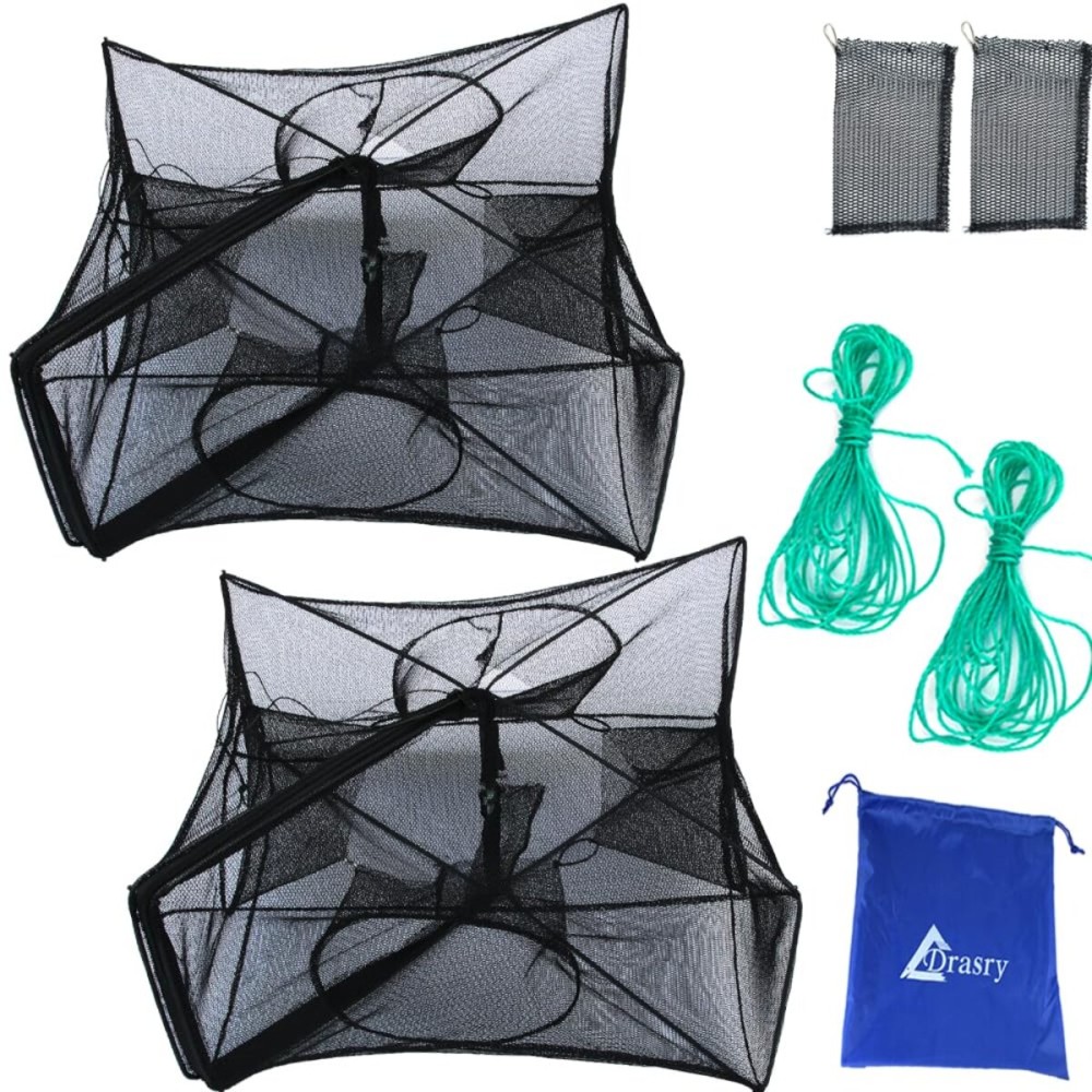 Drasry Black Fishing Bait Trap Foldable Fish Net for Minnow Crab Crayfish Crawdad Shrimp Trap Cast Net Dip Cage Collapsible Easy Use 4 6 Hole Fishing Accessories 2PCS (Black-4 Holes)