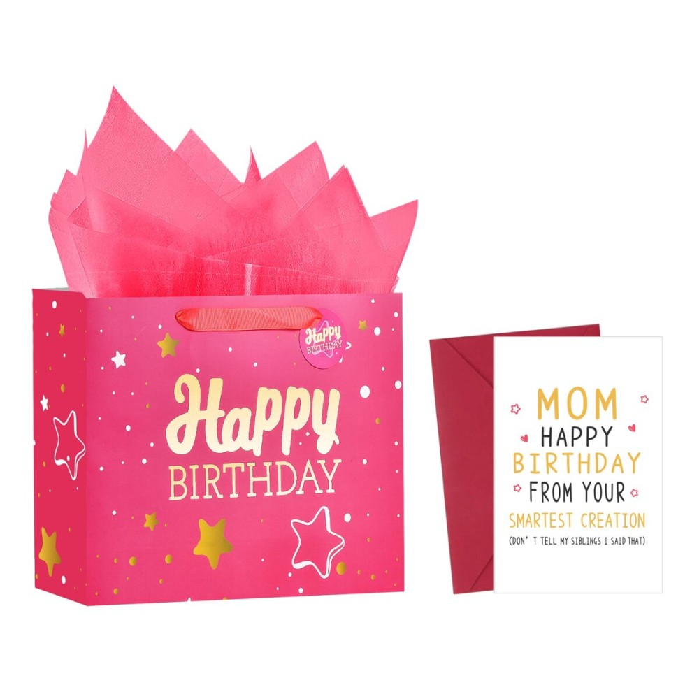 13 Pink Happy Birthday Gift Bag with Tissue Paper and Greeting Card for Party,Happy Birthday Gift Bag for Women Mother, Gift Bags Medium size(1 PCS Pink, Attach Mom Cards)