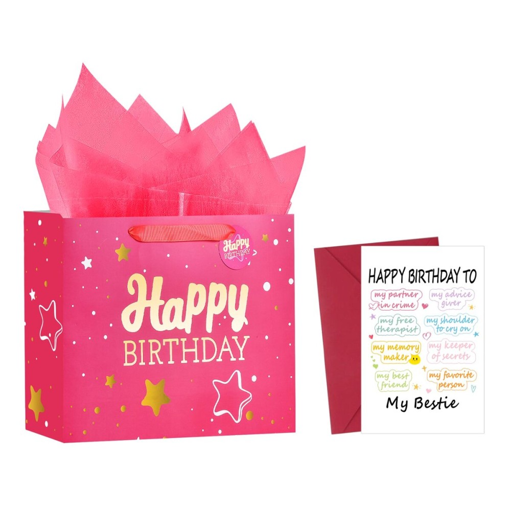Powbrace 13 Pink Happy Birthday Gift Bag with Tissue Paper and Greeting Card for Party,Happy Birthday Gift Bag for Women Bestie, Gift Bags Medium size(1 PCS Pink, Attach Bestie Cards)
