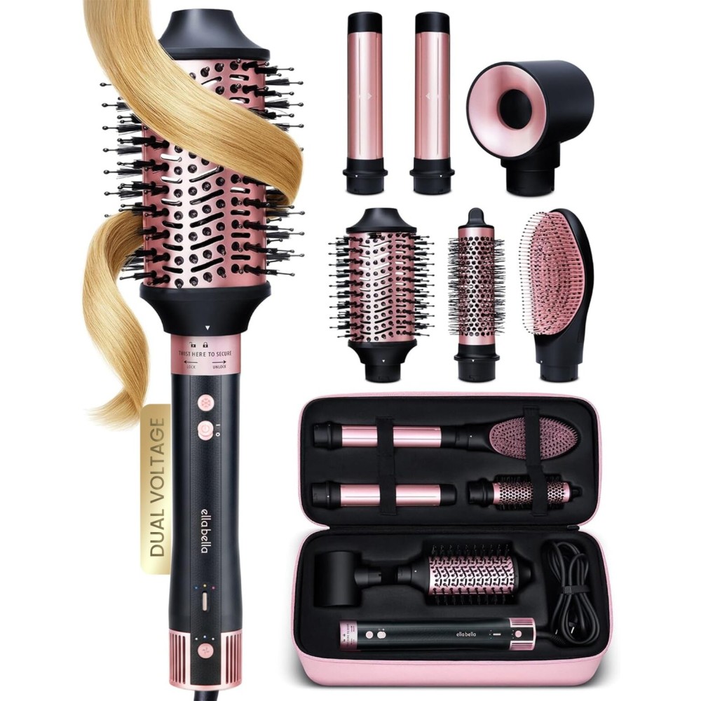 ELLA BELLA 6 in 1 Professional Hot Air Styler Dual Voltage  Powerful Hair Dryer & Straightener Set  Styling Without Heat Damage  Fast Drying Curling Volumizing Straightening  with Travel Case