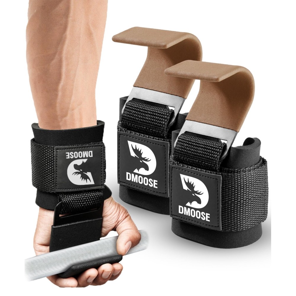 DMoose Weight Lifting Hooks (Pair), Hand Grip Support Wrist Straps for Men and Women, 8 mm Thick Padded Neoprene, Deadlift, Powerlifting, Pull up bar, Liftups, Shrugs (Brown (Flat Hook))