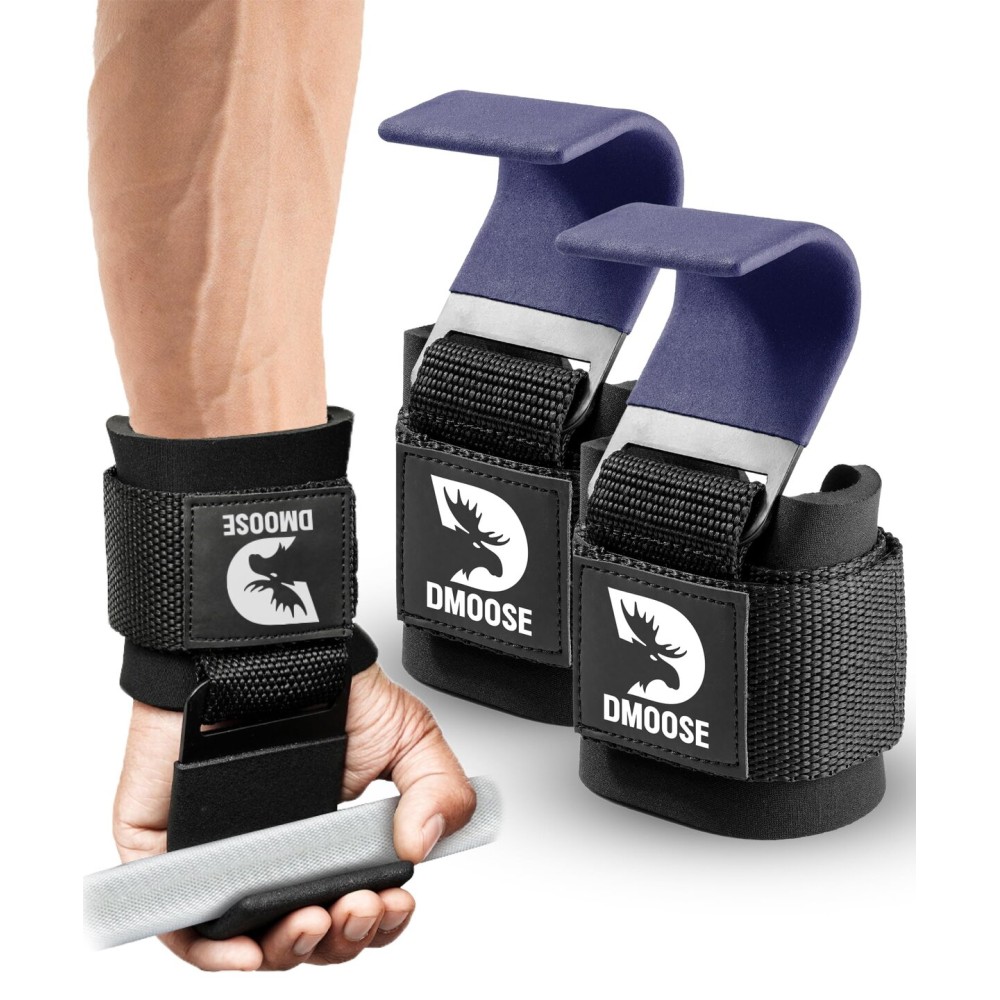 DMoose Weight Lifting Hooks (Pair), Hand Grip Support Wrist Straps for Men and Women, 8 mm Thick Padded Neoprene, Deadlift, Powerlifting, Pull up bar, Liftups, Shrugs (Navy Blue (Flat Hook))