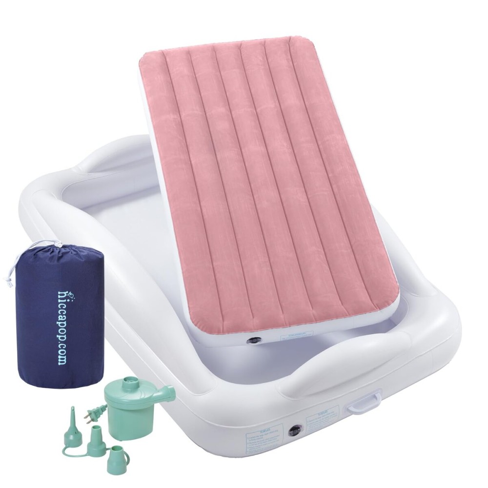 Hiccapop Inflatable Toddler Travel Bed with Safety Bumpers [4-Sided], Portable Toddler Bed for Kids, Toddler Air Mattress, Kids Air Mattress - Pink