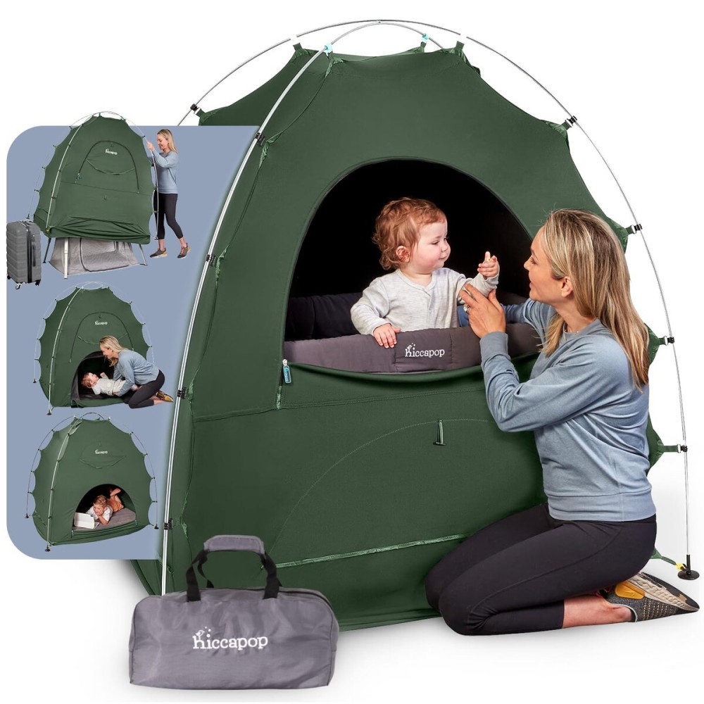 Hiccapop Daydreamer Blackout Tent for Pack and Play, Patented Portable Crib Tent, Blackout Canopy Crib Cover, Sleep Pod for Kids, Sage Green