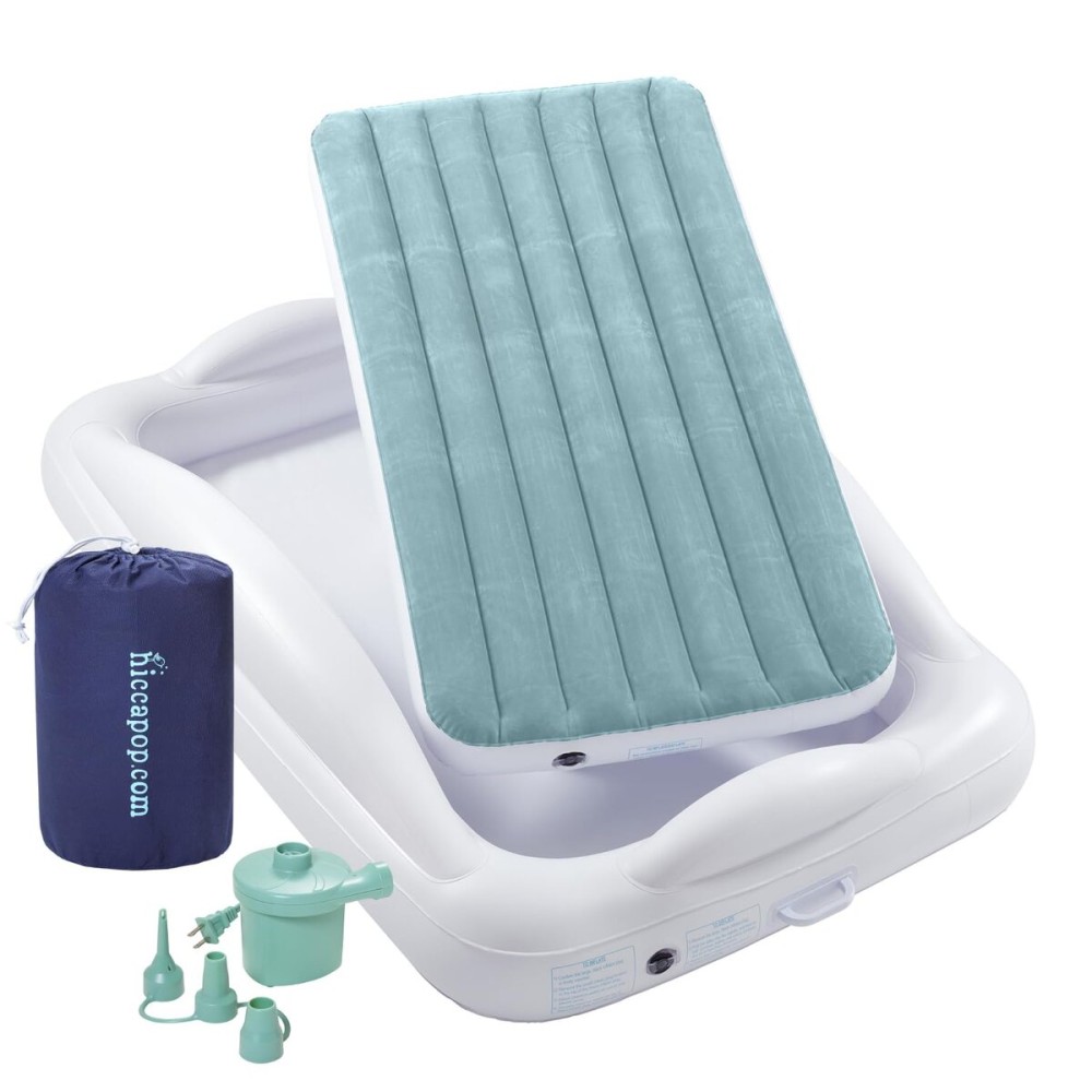 Hiccapop Inflatable Toddler Travel Bed with Safety Bumpers [4-Sided], Portable Toddler Bed for Kids, Toddler Air Mattress, Kids Air Mattress - Misty Blue